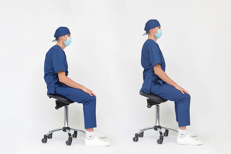 two images of the same healthcare professional sitting on an office chair, illustrating slouched posture on the left and optimal posture on the right